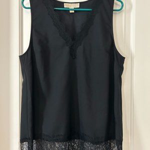 Michael Kors Black Sleek Sleeveless Lace Trim V-neck Top Size Large